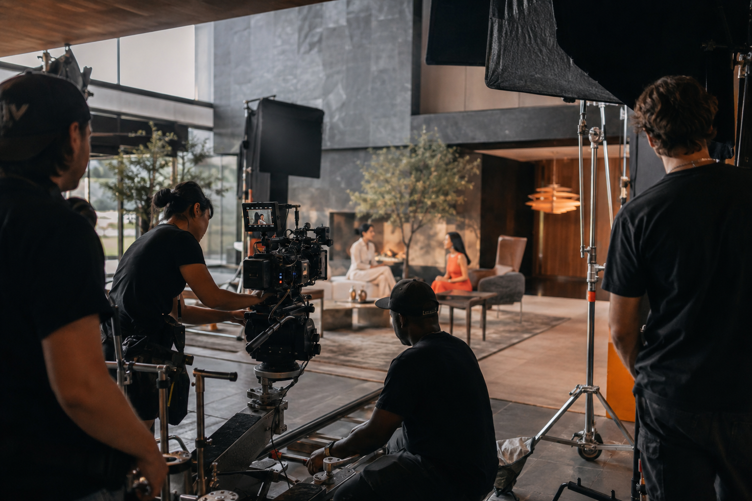 A commercial production crew filming on location