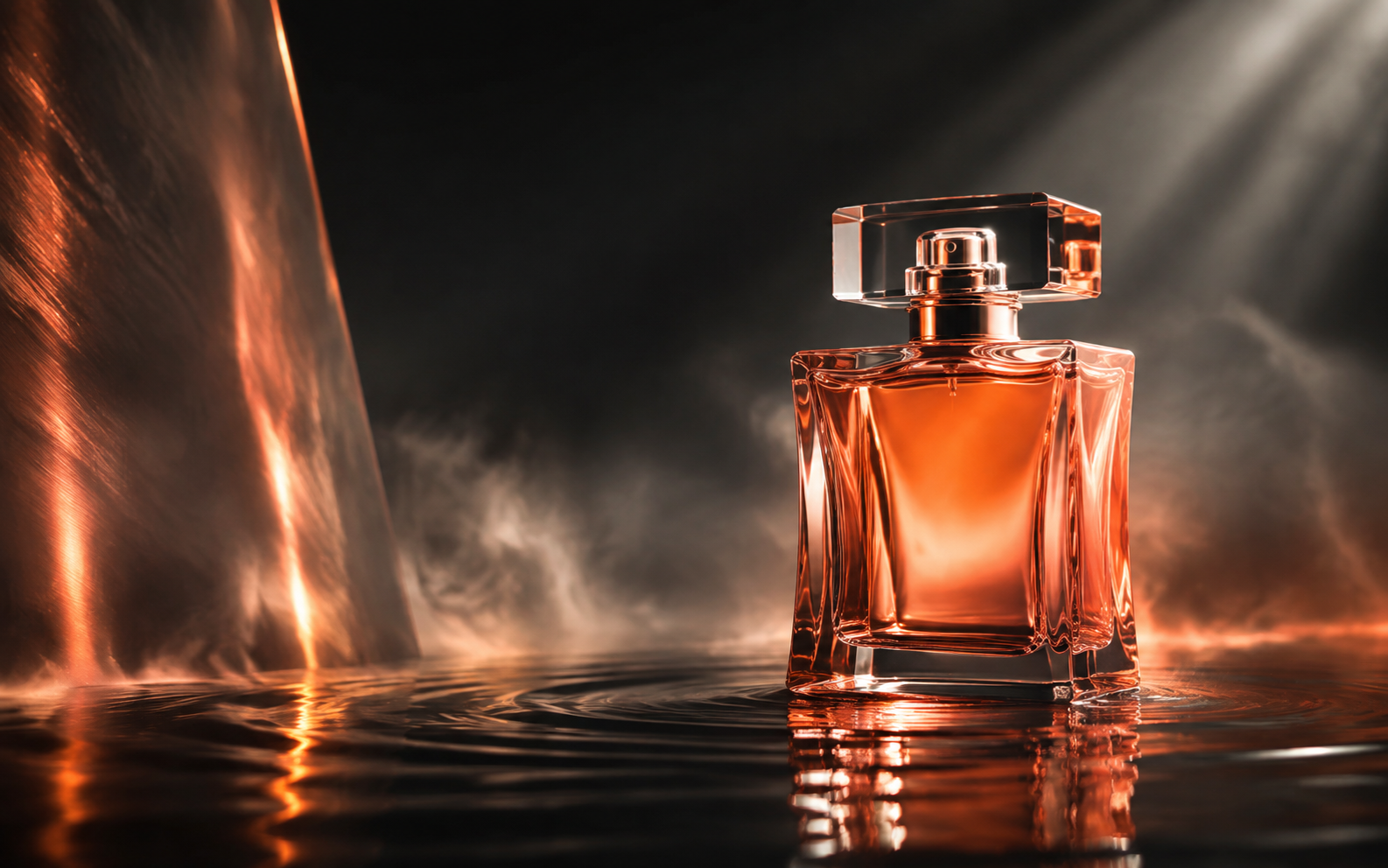 Orange glass perfume bottle in a dark cinematic set